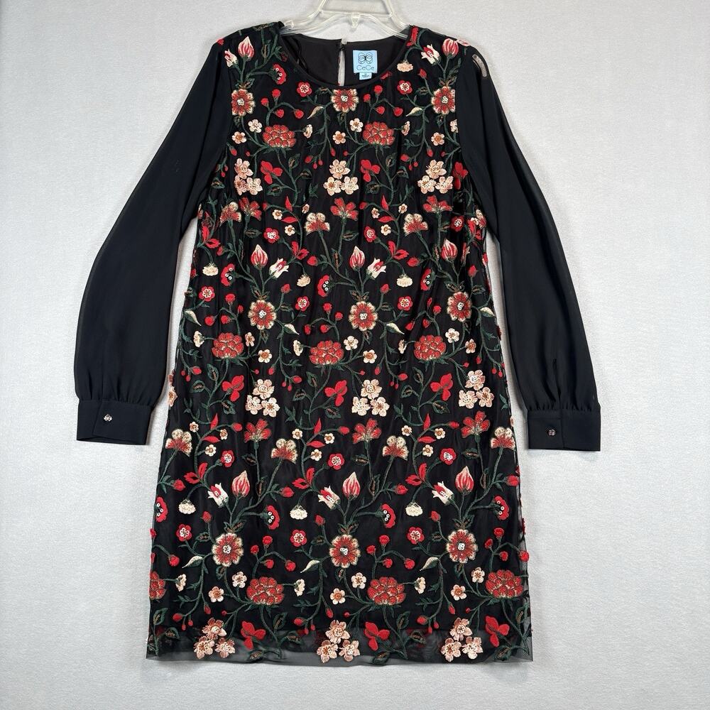 CeCe Women's Size 12 Black Floral Embroidered Mesh Shift Dress Long Sleeve